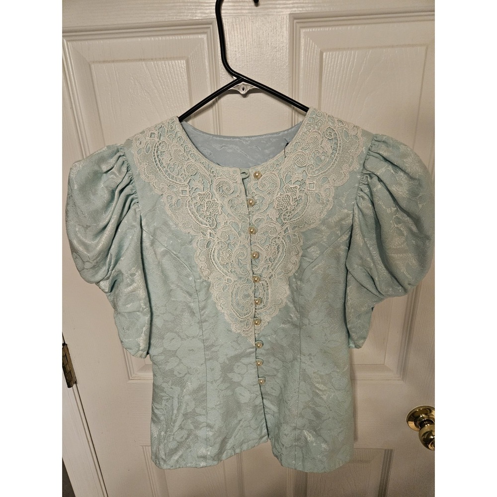 VINTAGE Satin Lace Puff Sleeve Blouse Button Accent Floral Size 12